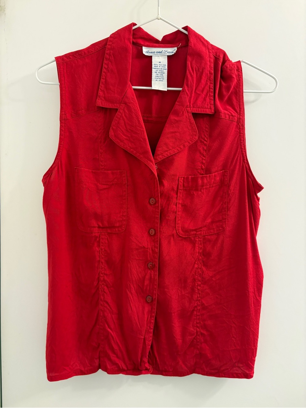 Red Sleeveless Silk Button-Front Camisole